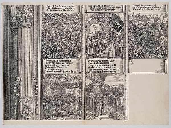 Maximilian's Alliance with Henry VIII; The Double Wedding in Vienna; The Campaign in Gelderland; The Investiture of Massimiliano Sforza as Duke of Milan; and The Venetian War, from the Arch of Honor, proof, dated 1515, printed 1517-18