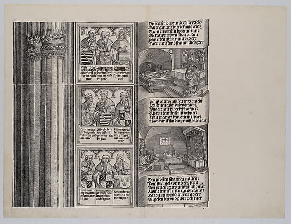 The Tomb Erected by Maximilian for His Father; and The Imperial Treasure; with Portraits of Maximilian's Ancestors and Relatives, from the Arch of Honor, proof, dated 1515, printed 1517-18
