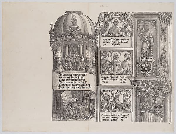 Maximilian as Founder and Protector of the Order of St. George; and Maximilian and the Knights of St. George Vowing a Crusade Against the Turks; with Portraits of Emperors and Kings (Maximilian's Forerunners), from the Arch of Honor, proof, dated 1515, printed 1517-18