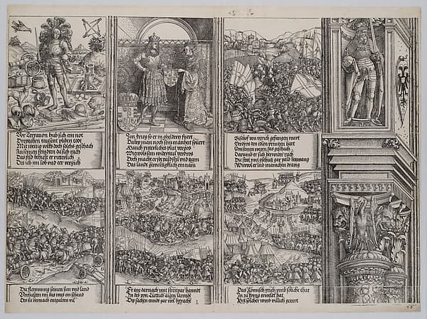 The Betrothal of Mary of Burgundy; Young Maximilian; The Struggle for the Burgundian Succession; The Battle Near Therouanne; The War in Guelderland; and The Utrecht Feud, from the Arch of Honor, proof, dated 1515, printed 1517-18