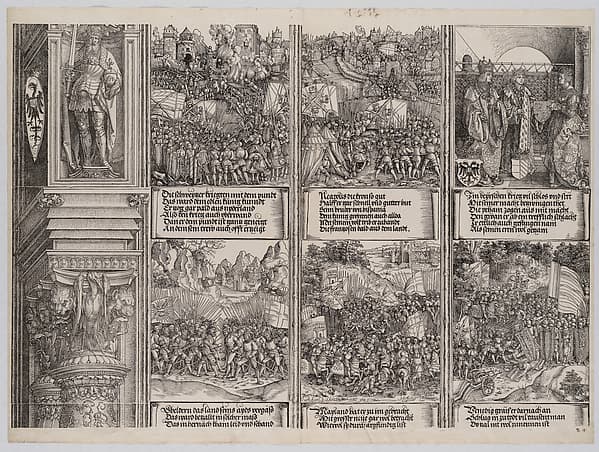 The Marriage of Philip the Fair to Joanna of Austria; Maximilian Recaptures the Occupied Territories from Hungary; The Conquest of Hungary; The Swiss War; The Liberation of Naples; and The Battle of Wenzenberg, from the Arch of Honor, proof, dated 1515, printed 1517-18