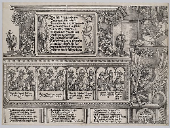 The Upper Section of the Left Portal, with the Inscription on a Lion Skin; a Frieze with Busts of Roman Emperors; and Entablature of the Columns, from the Arch of Honor, proof, dated 1515, printed 1517-18