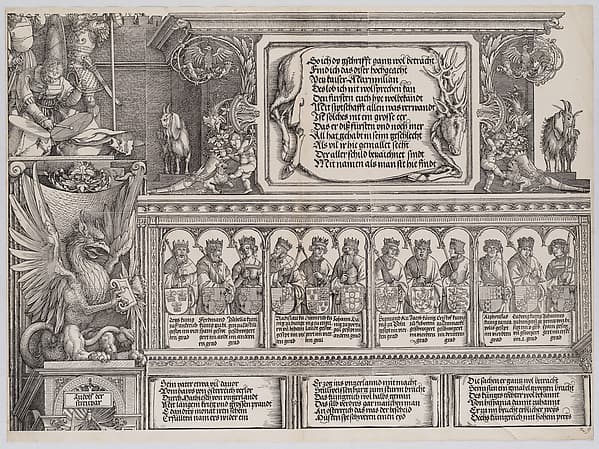 The Upper Section of the Right Portal, with the Inscription on a Stag Skin; a Frieze with Busts of Roman Emperors; and the Entablature of the Columns, from the Arch of Honor, proof, dated 1515, printed 1517-18