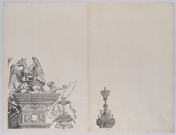 The Ornaments Atop the Right Portal, from the Arch of Honor, proof, dated 1515, printed 1517-18