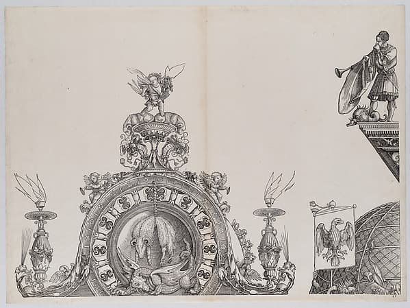 The Pinnacle of the Left Portal; and a Trumpeter and Standard from the Cupola of the Central Portal, from the Arch of Honor, proof, dated 1515, printed 1517-18