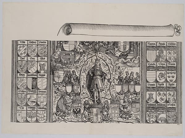 The Upper Portion of the Genealogy of Maximilian; with the Right Edge of the Scroll for the Explanatory Text, from the Arch of Honor, proof, dated 1515, printed 1517–18