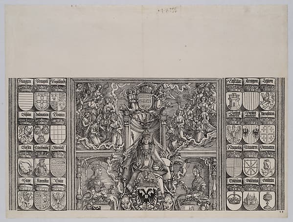 The Emperor Seated on His Throne, Seated Between Joanna of Castile and Mary of Burgundy, Above Are Twenty-two Winged Victories; with Coats of Arms of Maximilian's Noble Relatives, from the Arch of Honor, proof, dated 1515, printed 1517-18
