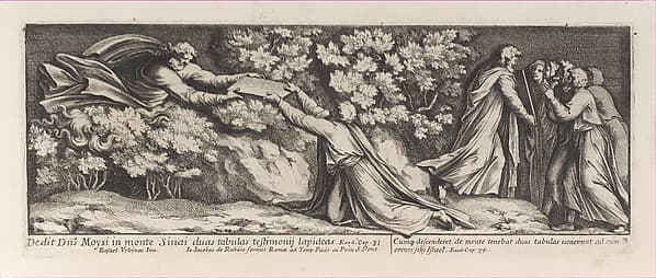 Moses receiving the tablets of the law on Mount Sinai, after Raphael's Stanza di Eliodoro, from a series of 15 plates, depicting Raphael's works for the Vatican stanze and the Sistine Chapel tapestries