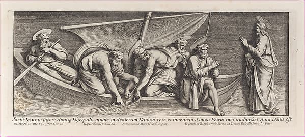 Christ speaking with Saint Peter, who kneels before him in adoration and with his hands joined in prayer, while the Apostles draw up their nets behind him, after Raphael's Stanza dell'incendio del Borgo, from a series of 15 plates, depicting Raphael's works for the Vatican stanze and the Sistine Chapel tapestries