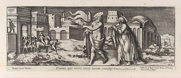 Christ appearing to Saint Peter after the Resurrection (Domine Quo Vadis), after Raphael's Stanza dell'incendio del Borgo, from a series of 15 plates, depicting Raphael's works for the Vatican stanze and the Sistine Chapel tapestries