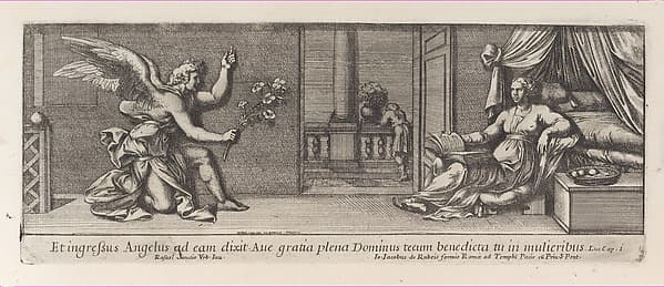 Simon Magus attempting to fly as Saints Peter and Paul, Emperor Nero, and two soldiers look on, from a series of 15 plates, depicting Raphael's works for the Vatican stanze and the Sistine Chapel tapestries