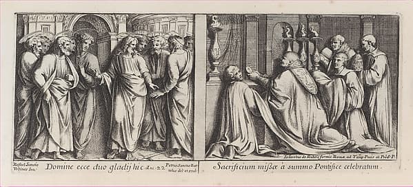 Two Biblical Scenes: The Apostles Showing Christ their Swords at left, after Raphael's Stanza della Segnatura and the Pope Celebrates Mass with Four Priests,after Raphael's Stanza di Eliodoro, from a series of 15 plates depicting Raphael's works for the Vatican stanze and the Sistine Chapel tapestries