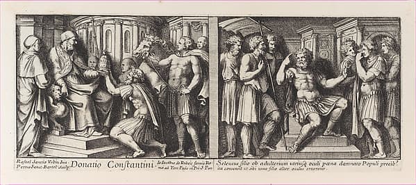 Two Biblical Scenes: Constantine donating the City of Rome to Pope Sylvester at left, after Raphael's Stanza di Eliodoro and The Judgement of Seleucids at right, after Raphael's Stanza della Segnatura, from a series of 15 plates depicting Raphael's works for the Vatican stanze and the Sistine Chapel tapestries