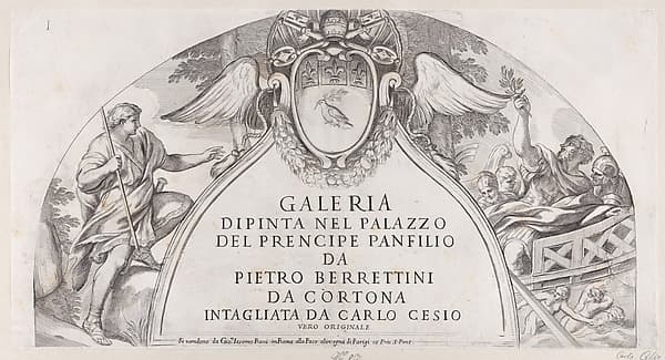 Title page to "Galleria Dipinta nel Palazzo del Prencipe Panfilio" after the ceiling frescoes by Pietro da Cortona depicting the history of Aeneas in the Palazzo Pamphili, Rome