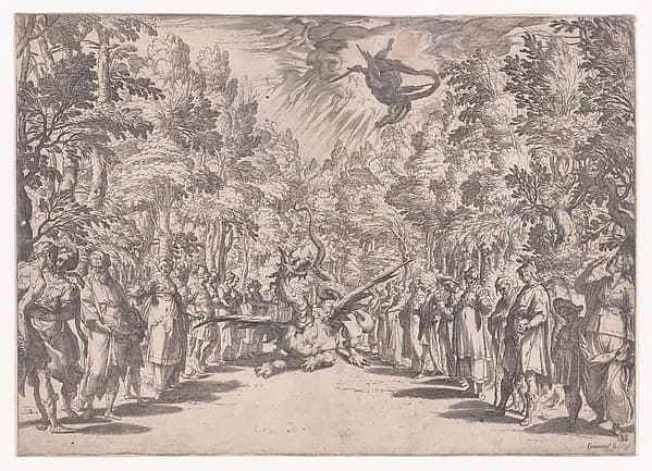 Stage set for the marriage of Ferdinand de' Medici and Christine of Lorraine in Florence in 1589; Apollo and the Python