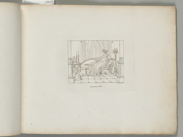A Woman Seated on a Grecian Sofa with a Lapdog, in an Interior (from Sketches in Outline)