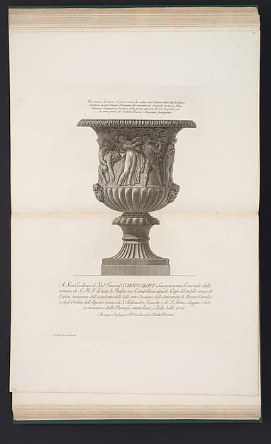 Vase decorated with a Bacchanalian frieze, from "Vasi, candelabri, cippi, sarcofagi, tripodi, lucerne, ed ornamenti antichi disegnati ed incisi dal Cav. Gio. Batt. Piranesi, Vol. II" (Vases, candelabra, grave stones, sarcophagi, tripods, lamps, and ornaments designed and etched by Cavalieri Giovanni Battista Piranesi)