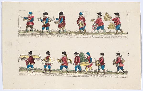 Plate 3 depicting the trades of Rome, here including vendors of flowers, chairs, basil etc, from the 'Descrición de las artes que se llaman para los calles de la ciudad de Roma'