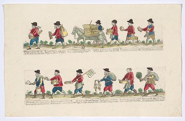 Plate 5 depicting the trades of Rome, here including vendors of pomegranites, bowls, onions etc, from the 'Descrición de las artes que se llaman para los calles de la ciudad de Roma'