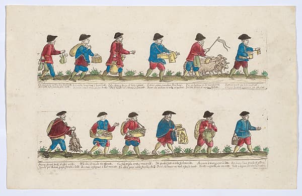 Plate 7 depicting the trades of Rome, here including vendors of books, chestnuts, portraits etc, from the 'Descrición de las artes que se llaman para los calles de la ciudad de Roma'