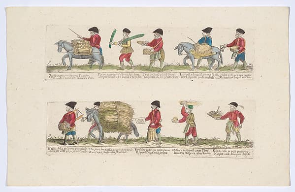 Plate 9 depicting the trades of Rome, here including vendors of water, sardines, melons etc, from the 'Descrición de las artes que se llaman para los calles de la ciudad de Roma'