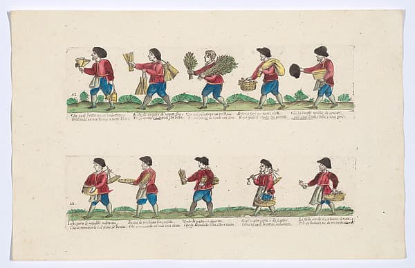 Plate 12 depicting the trades of Rome, here including vendors of lanterns, brooms, almonds, figs etc, from the 'Descrición de las artes que se llaman para los calles de la ciudad de Roma'