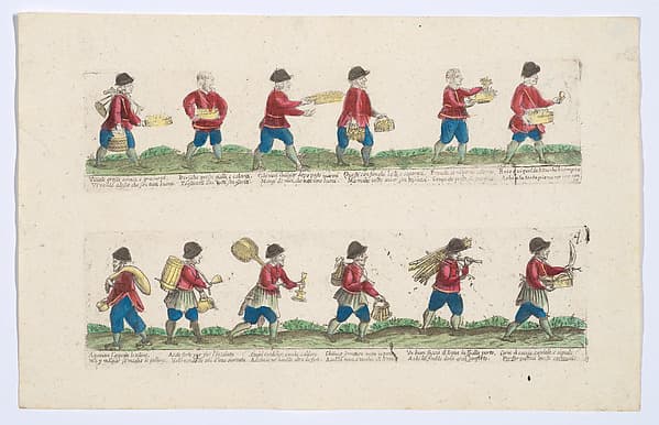 Plate 4 (second group) depicting the trades of Rome, here including vendors of mushrooms, strong oil, keys, candlesticks etc, from the 'Descrición de las artes que se llaman para los calles de la ciudad de Roma'