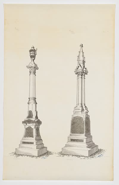 Two Grave Monument Designs, Topped with an Urn and a Gothic Pinnacle, Nos. 1366, 1365