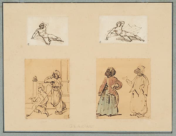Four drawings: Two Reclining Male Nudes and Two Studies of Ottoman Figures