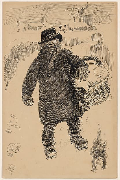 Old Man Walking in the Snow Carrying a Large Basket, Accompanied by a Dog