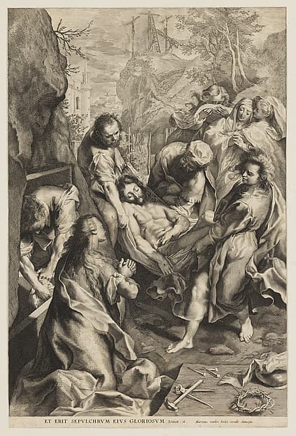 The Entombment of Christ, with the instruments of the passion in the foreground right and the three crosses in the background at top