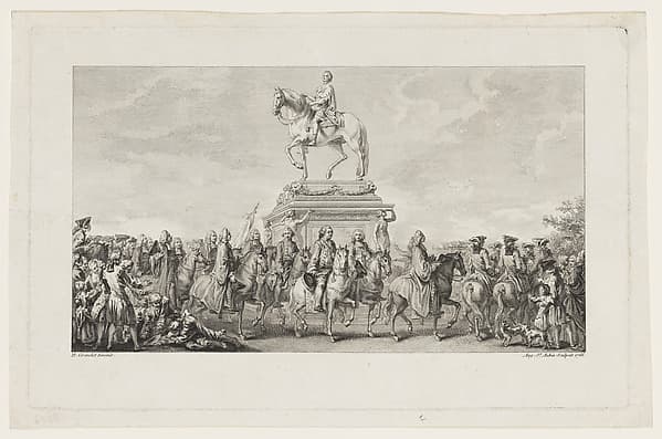 The Inauguration of the Statue of Louis XV, Vignette on page 1, from Description des Travaux qui ont précédé. accompagné et suivi la fonte en bronze d'un seul jet de la Statue Equèstre de Louis XV le bien-aimé dressée sur les mémoires de M. Lempereur ancien Echevin. Par M. Mariette, Honoraire amateur de l'Académie Royale de Peinture et Sculpture, A Paris de l'Imprimerie de P.G. Le Mercier
