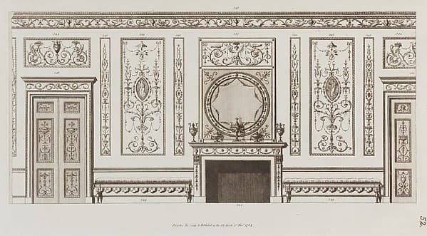 Interior design of wall with door, fireplace, panels and benches (in "Designs for Various Ornaments," pl. 52)