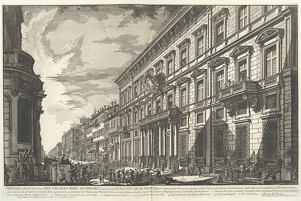 View along the Via del Corso of the Palazzo dell'Accademia, established by Louis XIV, King of France for French students of Painting, Sculpture and Architecture..., from "Vedute di Roma" (Views of Rome), part I