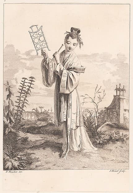 Chinoiserie with a woman playing a musical instrument, from Suite de Figures Chinoises. . .Tiré du Cabinet de Mr. d'Azaincourt (Series of Chinoiserie Figures. . .From the Chambers of Mr. d'Azaincourt)