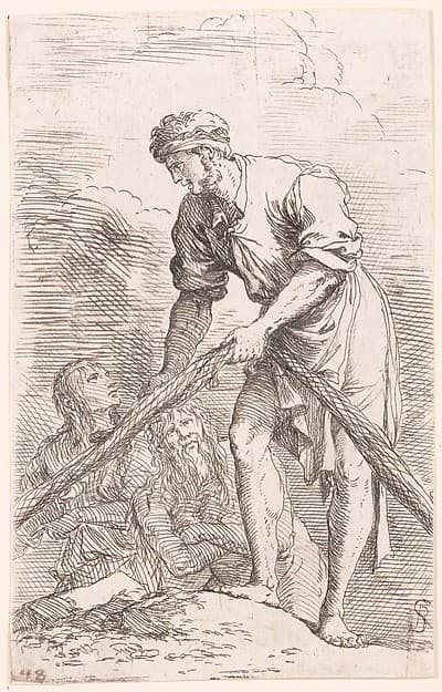 A man pulling a net with two figures behind him, from "Figurine"