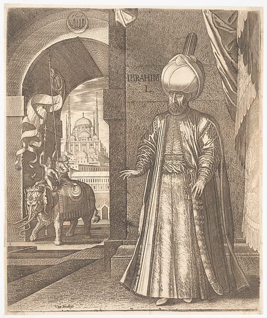 Sultan Süleyman and the Süleymaniye Mosque, Constantinople, 1574 (or earlier), altered in 1688 to represent Ibrahim I