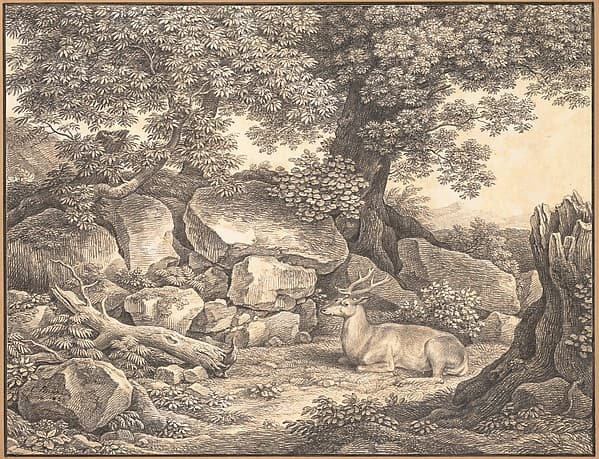 Italian Landscape with Trees, Rocks and a Resting Deer