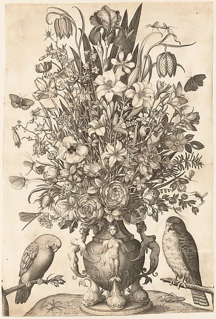Vase of Flowers with Two Birds