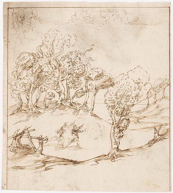 Recto: Landscape with Trees and Figures (? Remarks on the Winds and the Lay-out of the City; Vitruvius, Book 1, Chapter 6, nos. 2, 3): Verso: Blank.