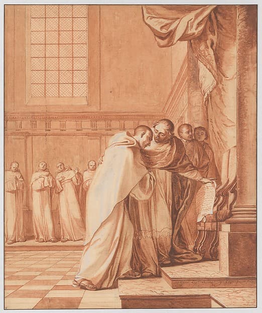 Scene 32: Supporters of the league pursue the Blessed Abbot to Rome; despite their calumnies his innocence is recognized by the pope himself, who order Cardinal Bellarmine to restore all his posts and honors