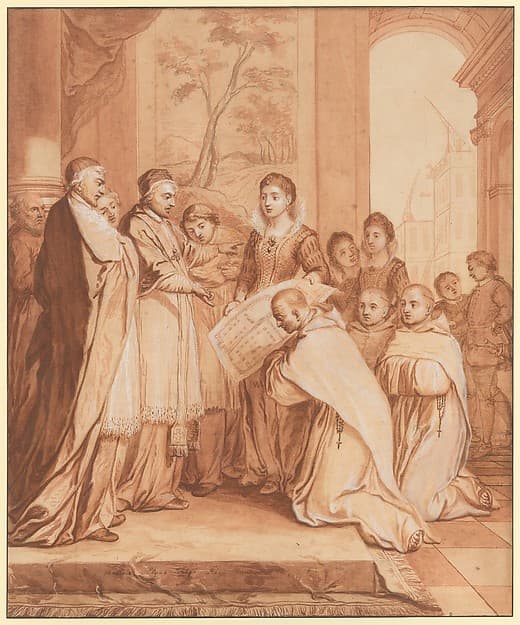 Scene 31: Foundation of a second Feuillant monastery in Rome, dedicated to Saint Bernard, in 1594, thanks to the generosity of Caterina de' Nobili, niece of Pope Julius III and widow of Count Sforza Sforza di Santa Fiora