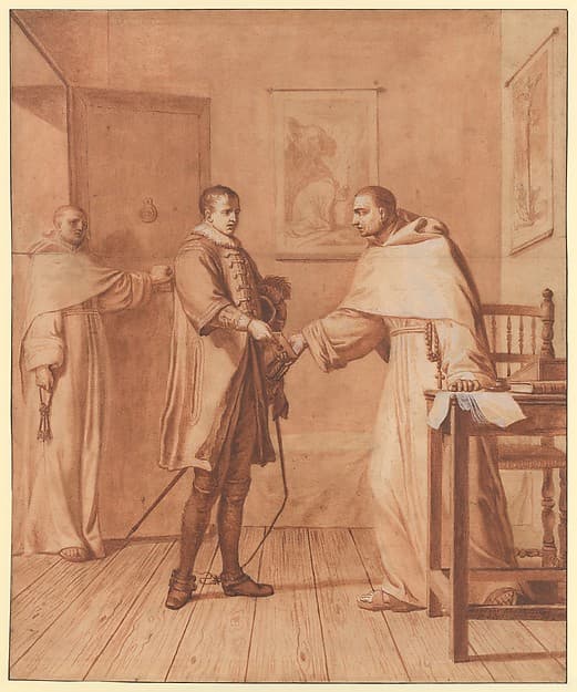 Scene 25: Fatally wounded, King Henry III informs the Blessed Abbot of his condition and recommends himself to his prayers