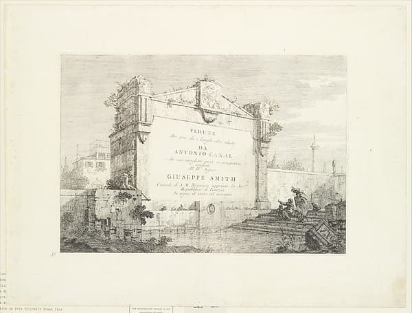 Title page with a large wall of a classical ruin, with a figure seated at right pointing to the dedication, from 'Views' (Vedute altre prese da i luoghi altre ideate da Antonio Canal)