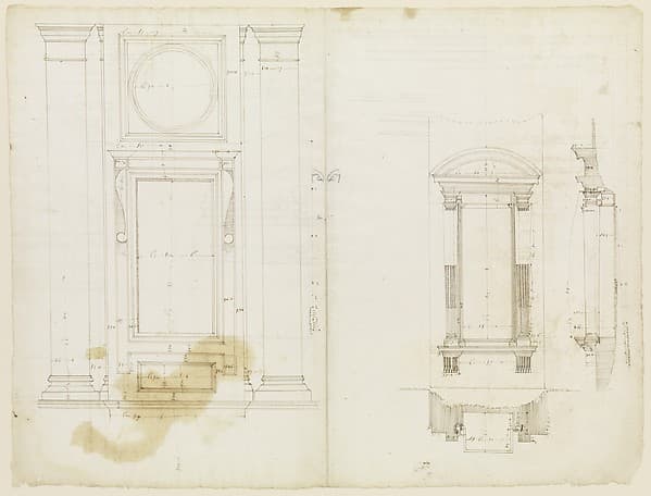 San Lorenzo, Library, Ricetto, upper window, elevation; niche,elevation, plan, and section (recto) San Lorenzo, Library, Ricetto, niche, details; upper window, details, elevation (verso)
