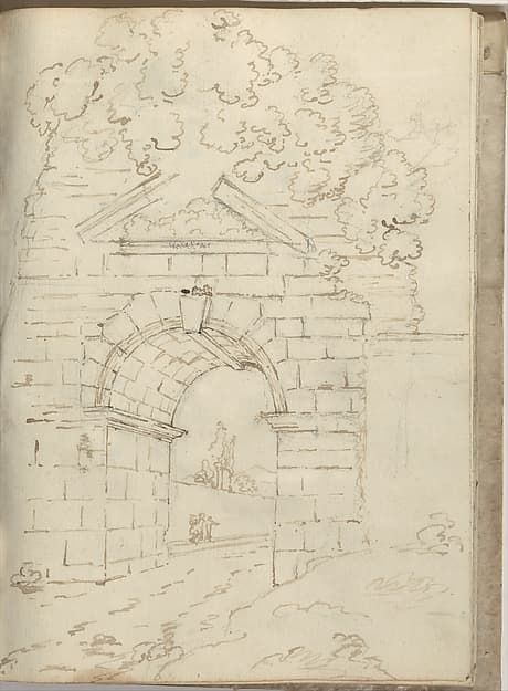 Roman Arch with Road Below and Trees Above (Smaller Italian Sketchbook, leaf 34 recto)
