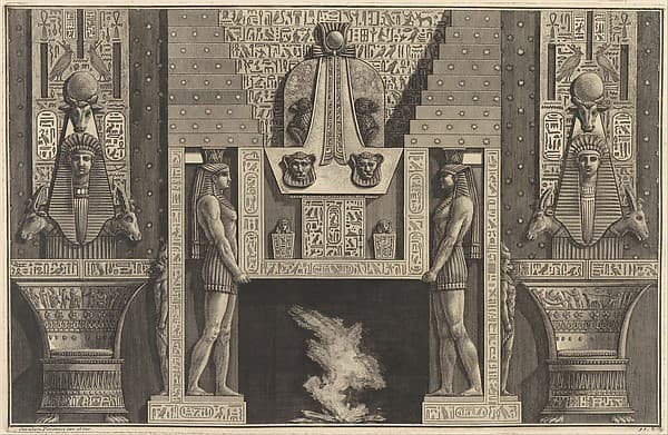 Chimneypiece in the Egyptian style: Giant figures supporting the lintel, flanked by chairs, from "Diverse Maniere d'adornare i cammini..." (Diverse Ways of ornamenting chimneypieces...)
