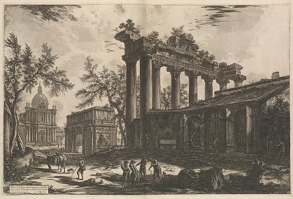 Another view of the remains of the Pronaos of the Temple of Concord (The Temple of Saturn with Arch of Septimius Severus in left background), from "Vedute di Roma" (Views of Rome), part I