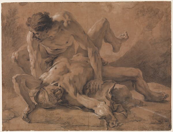 Two Nude Male Figures Struggling Together