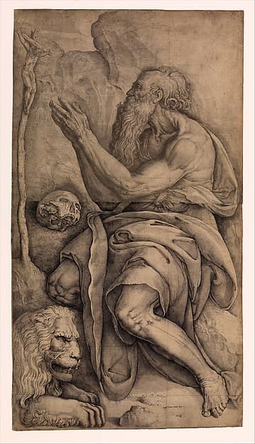 Saint Jerome kneeling before a crucifix, with a skull and lion